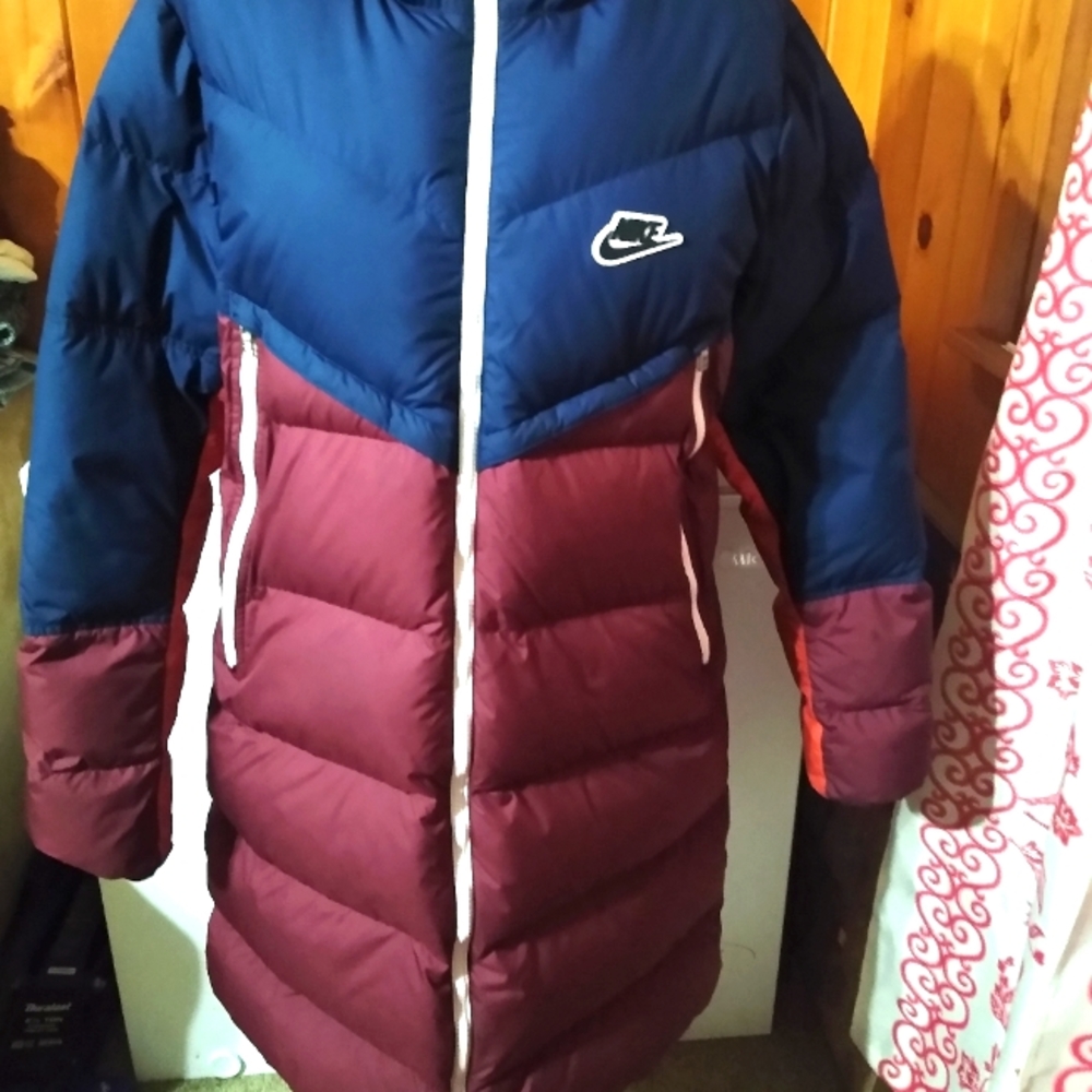 Nike medium long winter jacket orange, blue and burgundy